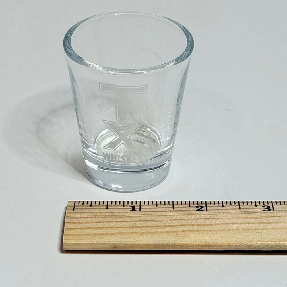 TX Whiskey Etched Shot Glass Firestone & Robertson Clear Barware Texas Logo
